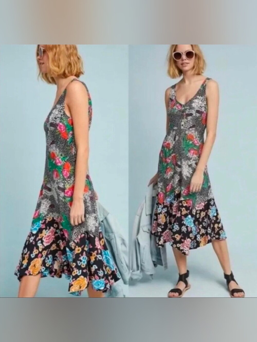 Maeve Anthropologie Violette Floral Henley Dress Sleeveless Ruffle Multi 8 M